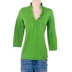 Ann Taylor Loft Fresh Green Ruffled V Neck Sweater 3/4 Sleeve Flattering Fit